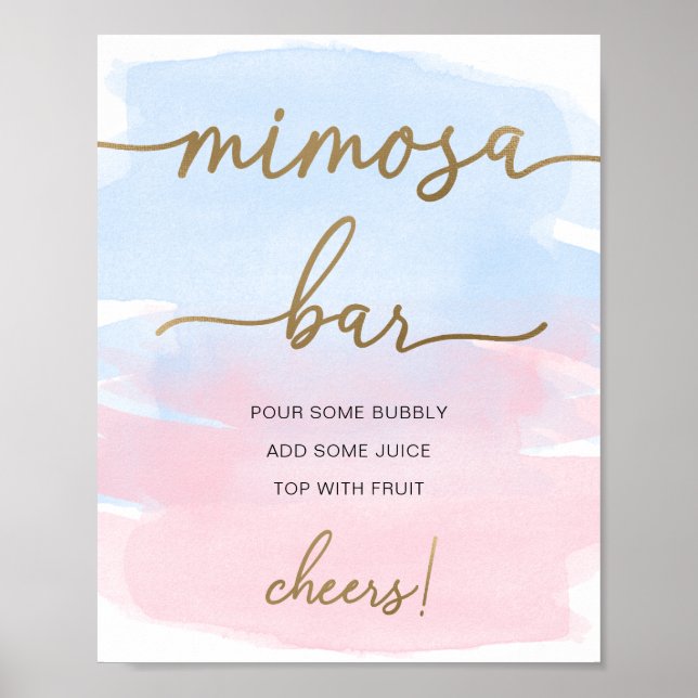 Poster Panneau de bar à Mimosa à l'aquarelle rose et bleu (Devant)