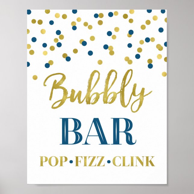 Poster Panneau de bar bulles bleu marine or confettis (Devant)