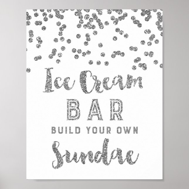 Poster Panneau de bar de sundae de glace confetti argenté (Devant)