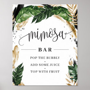 Poster Panneau de bar feuilles tropicales hawaï fleurs or