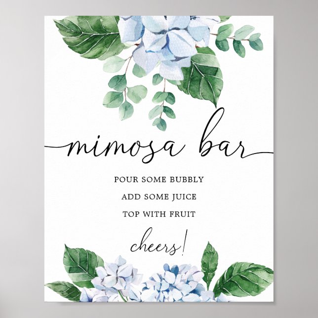Poster Panneau de bar Mimosa à fleurs d'hortensia bleus (Devant)