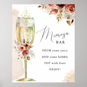 Poster Panneau de bar Mimosa avec fleurs boho et verre à 