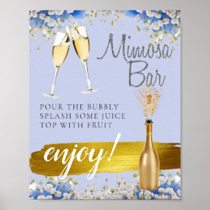 Poster Panneau de bar Mimosa pour mariage floral bleu or