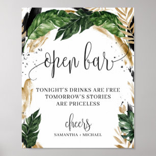 Poster Panneau de bar ouvert avec feuilles tropicales et 