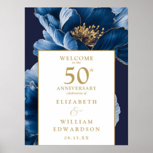 Poster Panneau de bienvenue 50e anniversaire floral bleu 