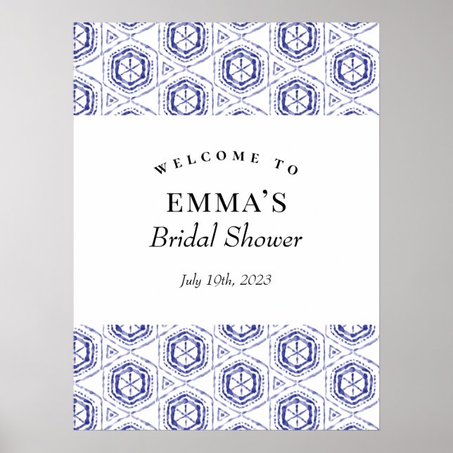 Poster Panneau de bienvenue à l'aquarelle en batik bleu (Devant)