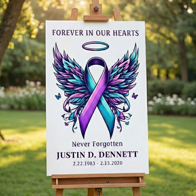 Poster Panneau de bienvenue aux funérailles mémorial de p (Suicide Prevention awareness teal purple ribbon and  angel wings)