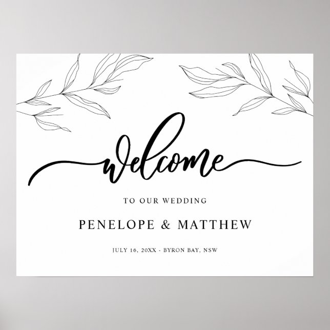 Poster Panneau de bienvenue avec feuillage en ligne art (Devant)