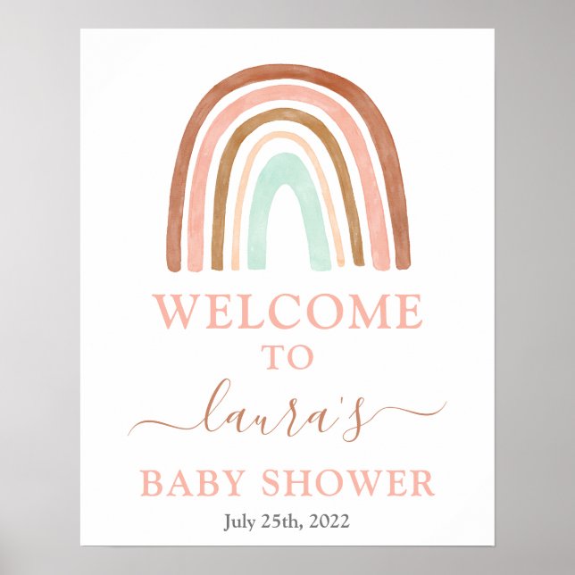 Poster Panneau de bienvenue Baby shower arc-en-ciel rose (Devant)