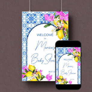 Poster Panneau de bienvenue baby shower Carrelage bleu Ci