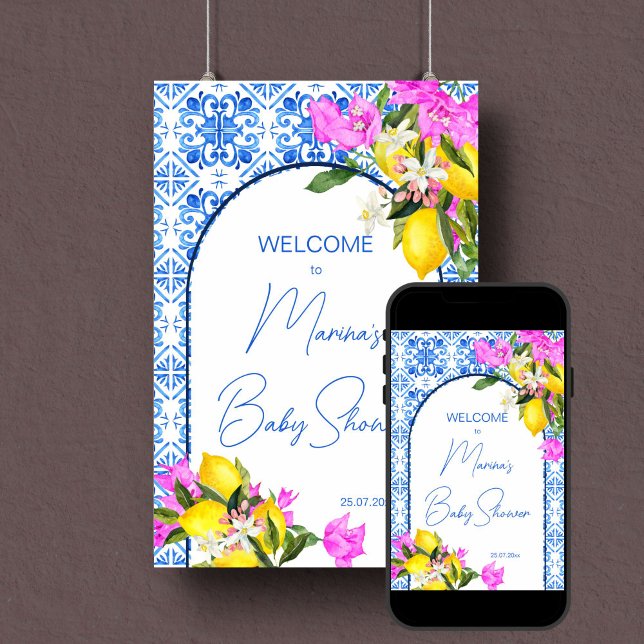 Poster Panneau de bienvenue baby shower Carrelage bleu Ci (Baby Shower welcome sign Blue Tiles Lemons editable template welcome sign poster digital download)