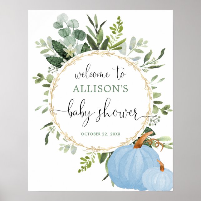 Poster Panneau de bienvenue baby shower citrouille bleu v (Devant)