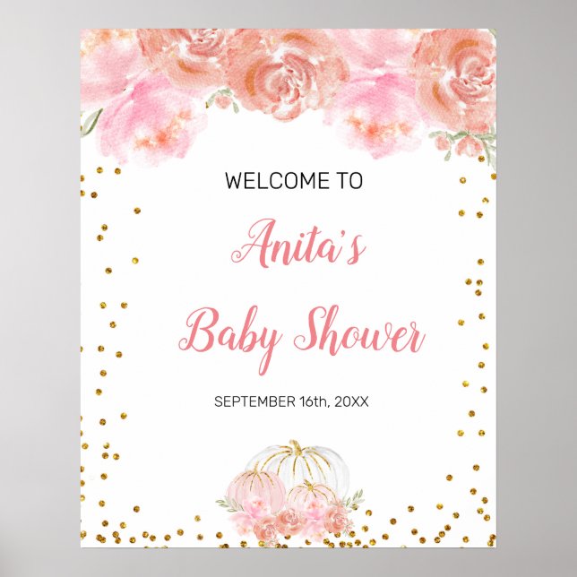Poster Panneau de bienvenue Baby Shower citrouille floral (Devant)