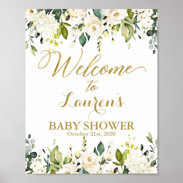 Poster Panneau de bienvenue Baby shower de verdure blanc  (Devant)