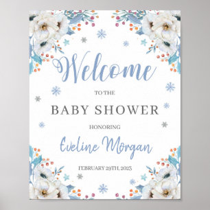 Poster Panneau de bienvenue baby shower d'hiver bleu flor