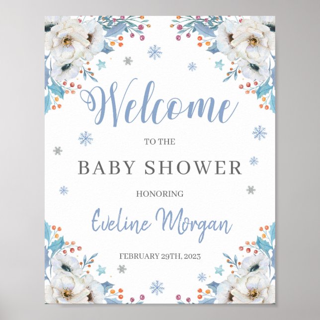 Poster Panneau de bienvenue baby shower d'hiver bleu flor (Devant)