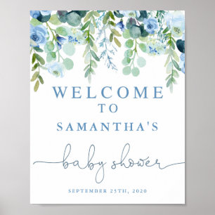 Poster Panneau de bienvenue baby shower floral bleu