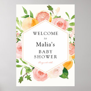 Poster Panneau de bienvenue Baby Shower Floral Citrus Ros