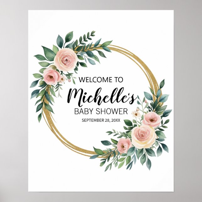 Poster Panneau de bienvenue baby shower Gold Green modern (Devant)