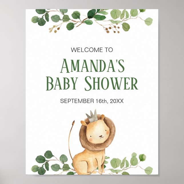 Poster Panneau de bienvenue Baby Shower Lion et verdure (Devant)