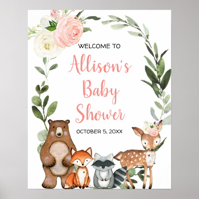 Poster Panneau de bienvenue baby shower rose boisé (Devant)
