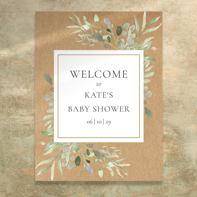 Poster Panneau de bienvenue Baby Shower Rustique avec feu (Rustic Greenery Baby Shower Welcome Sign)