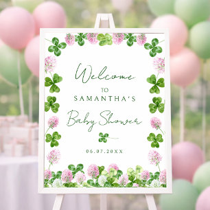 Poster Panneau de bienvenue Baby Shower Trèfles Verts Aqu
