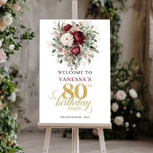 Poster Panneau de bienvenue Boho Marsala Floral 80 ans