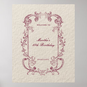 Poster Panneau de bienvenue d'anniversaire floral burgund