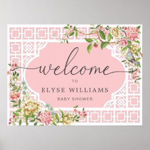 Poster Panneau de bienvenue de baby shower floral chinois