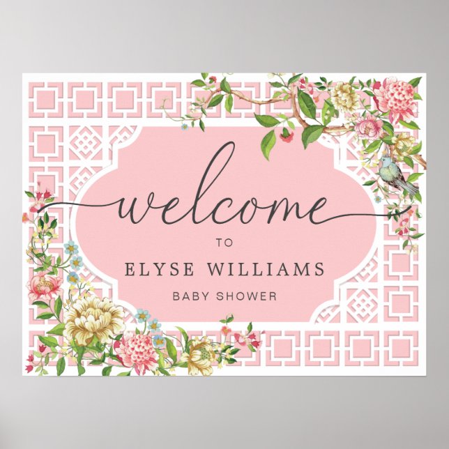 Poster Panneau de bienvenue de baby shower floral chinois (Devant)