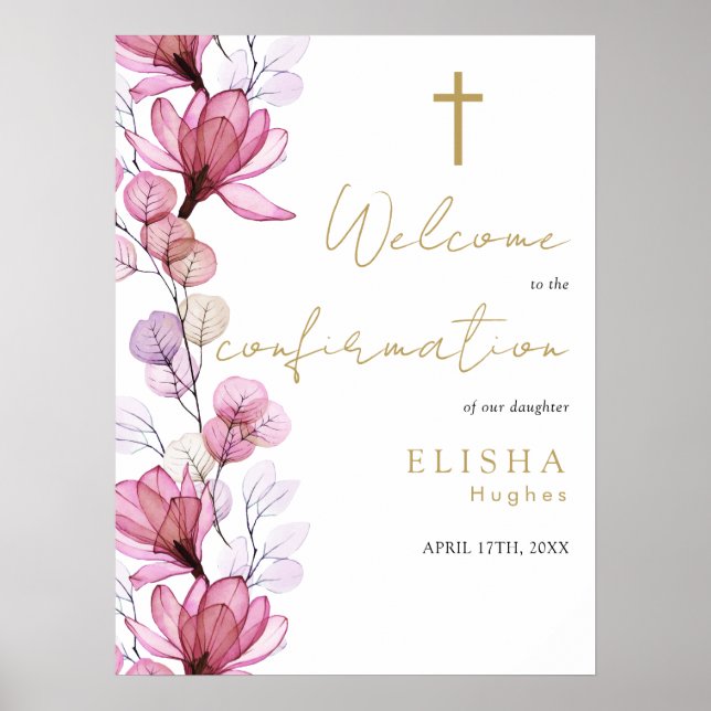 Poster Panneau de bienvenue de confirmation floral rose p (Devant)