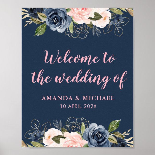 Poster panneau de bienvenue de mariage à la marine et à l (Devant)