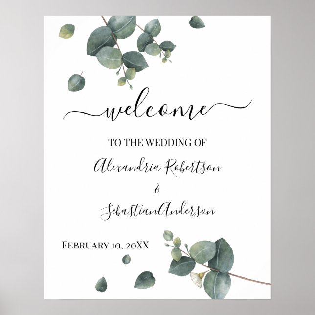 Poster Panneau de bienvenue de mariage à la verdure d'euc (Devant)