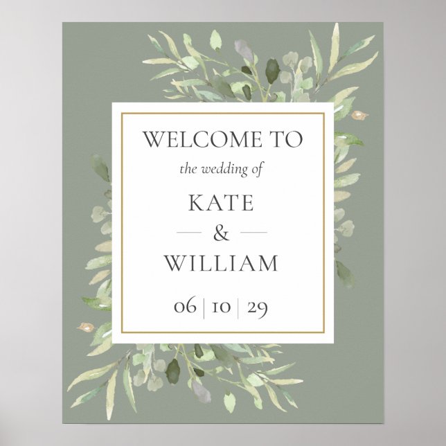 Poster Panneau de bienvenue de mariage à la verdure vert  (Devant)