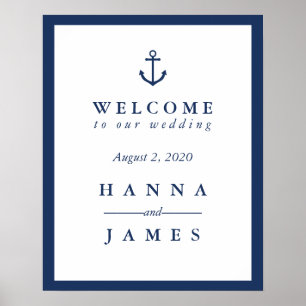 Poster Panneau de bienvenue de mariage à l'ancre bleu mar