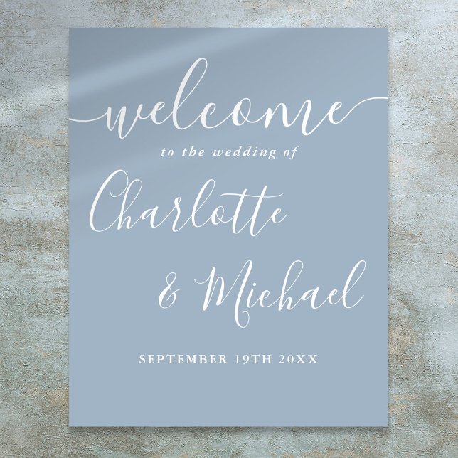 Poster Panneau de bienvenue de mariage à l'écriture de si (Dusty Blue Signature Script Wedding Welcome Sign)