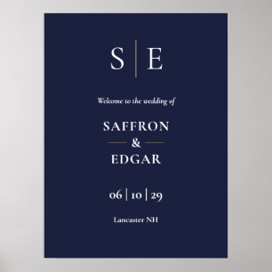 Poster Panneau de bienvenue de mariage à monogramme bleu 