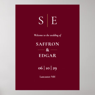 Poster Panneau de bienvenue de mariage à monogramme or et