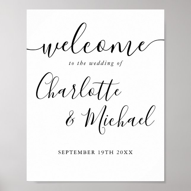 Poster Panneau de bienvenue de mariage à script noir et b (Devant)