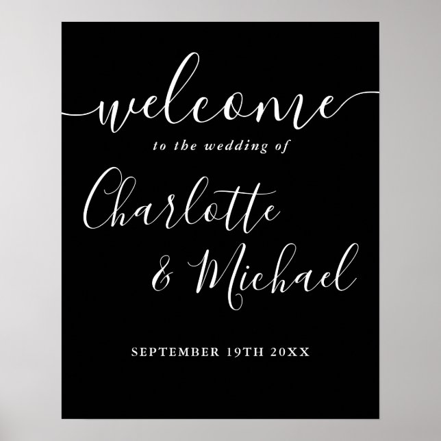 Poster Panneau de bienvenue de mariage à script noir et b (Devant)