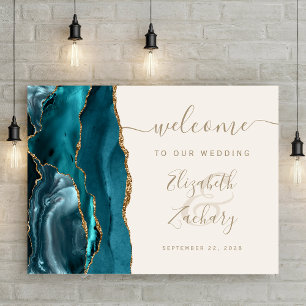 Poster Panneau de bienvenue de mariage Agate Sarcelle Or 
