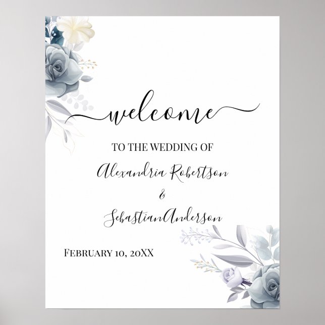 Poster Panneau de bienvenue de mariage aux fleurs aquarel (Devant)
