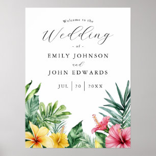 Poster Panneau de bienvenue de mariage aux fleurs tropica