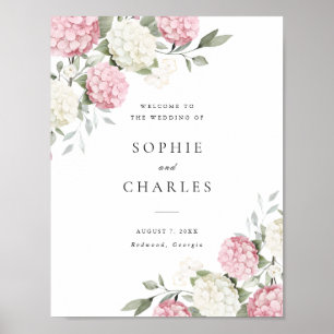 Poster Panneau de bienvenue de mariage aux hortensias ros