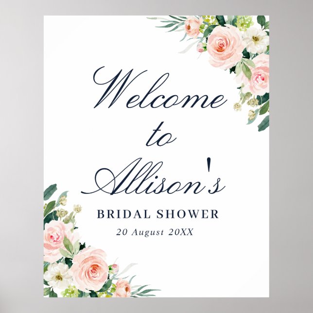 Poster panneau de bienvenue de mariage avec des fleurs ro (Devant)
