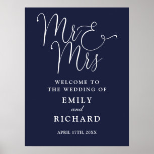 Poster Panneau de bienvenue de mariage bleu marine M. et