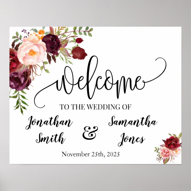 Poster Panneau de bienvenue de mariage bohème chic floral (Devant)