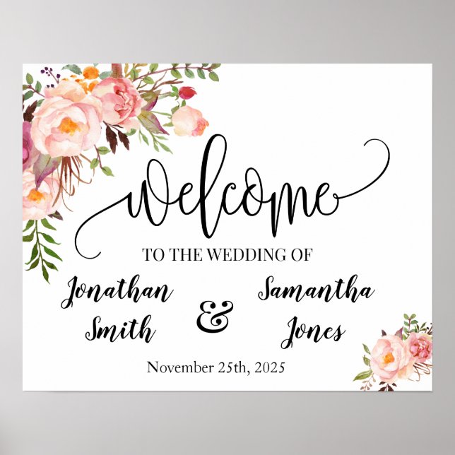 Poster Panneau de bienvenue de mariage bohème chic floral (Devant)