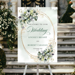 Poster Panneau de bienvenue de mariage chic Eucalyptus Or